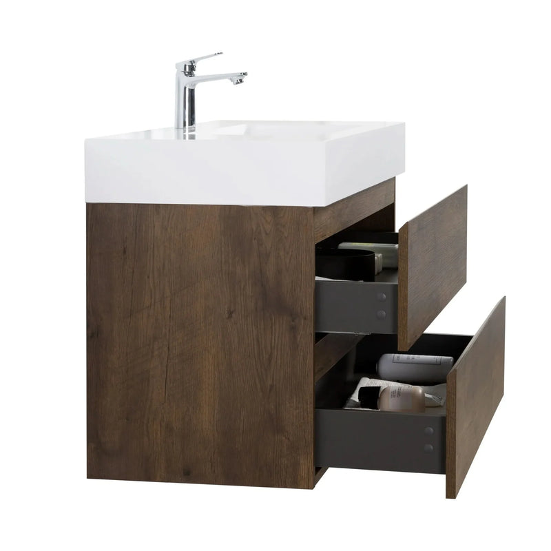 Bathroom Vanity Walnut Wood Wall Mounted Floating With Large Storage