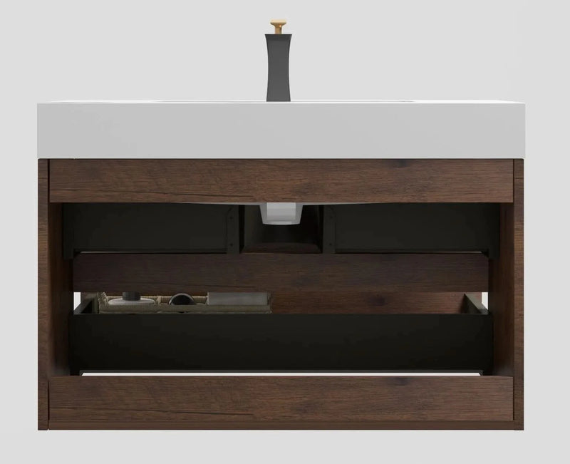 Bathroom Vanity Walnut Wood Wall Mounted Floating With Large Storage