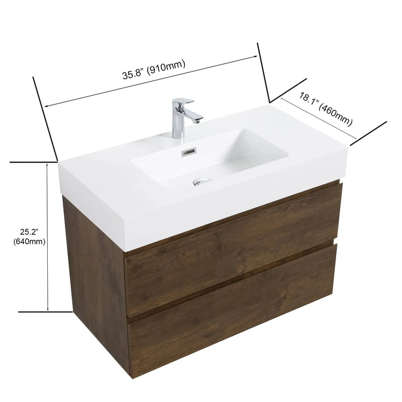 Bathroom Vanity Walnut Wood Wall Mounted Floating With Large Storage
