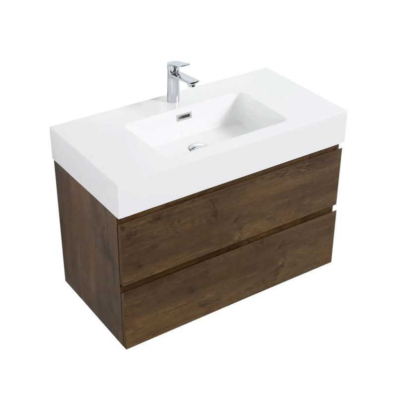Bathroom Vanity Walnut Wood Wall Mounted Floating With Large Storage