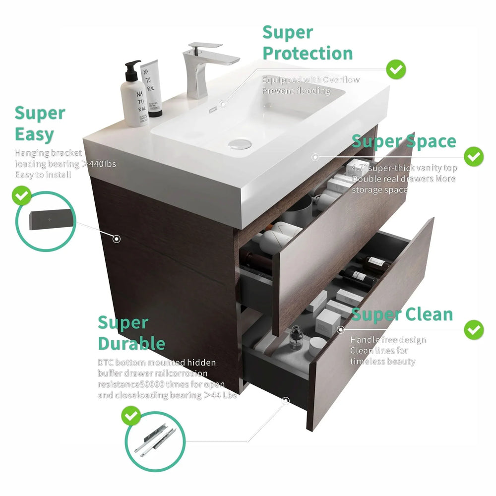 Bathroom Vanity Walnut Wood Wall Mounted Floating With Large Storage Media 11