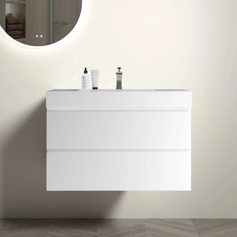 Bathroom Vanity White Wall Mount Floating Space-Saving Storage With Sink