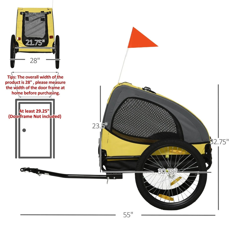 Dog Bike Trailer Steel Frame & Hitch Coupler For Medium Dogs Yellow