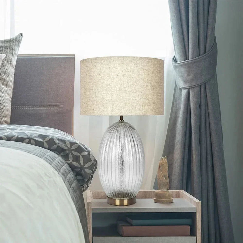Ribbed Glass Table Lamp Glass Base Clear Linen Shade Bedside Lamp