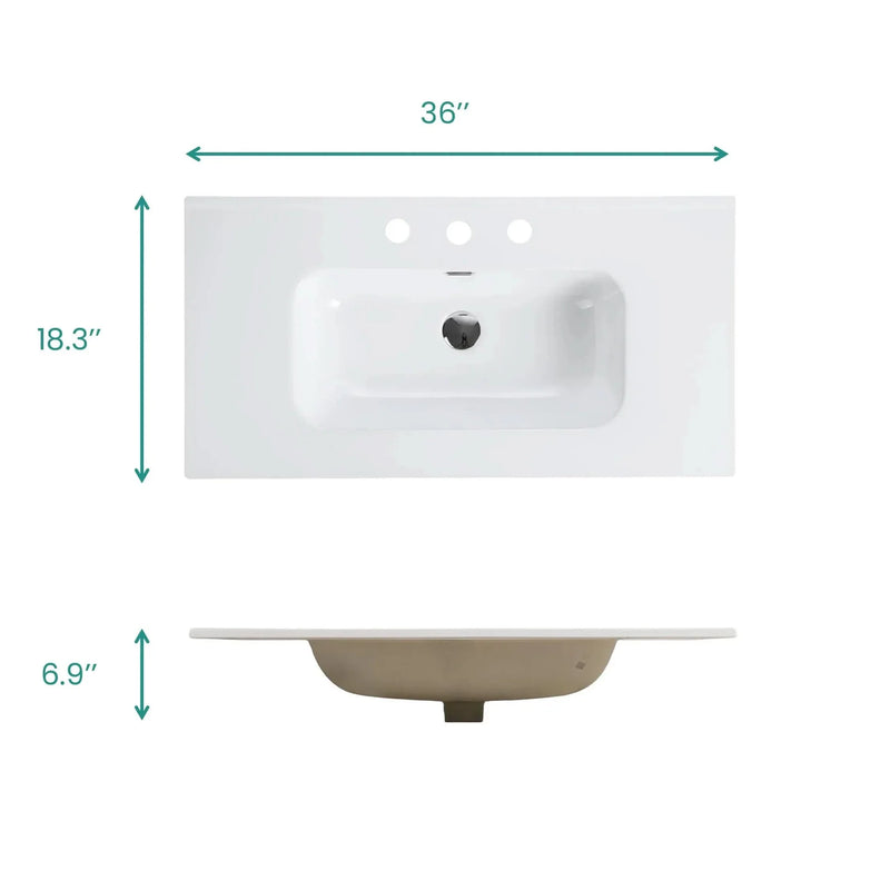 Ceramic Basin Integrated White Bathroom Sink 35.8 In Long Drain Not Included