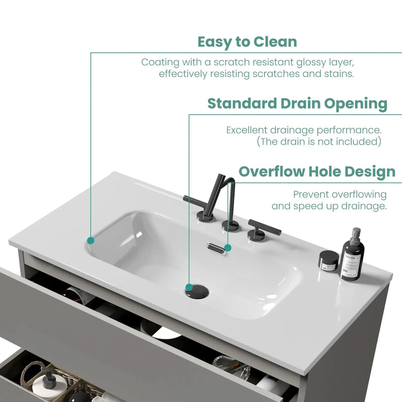 Ceramic Basin Integrated White Bathroom Sink 35.8 In Long Drain Not Included