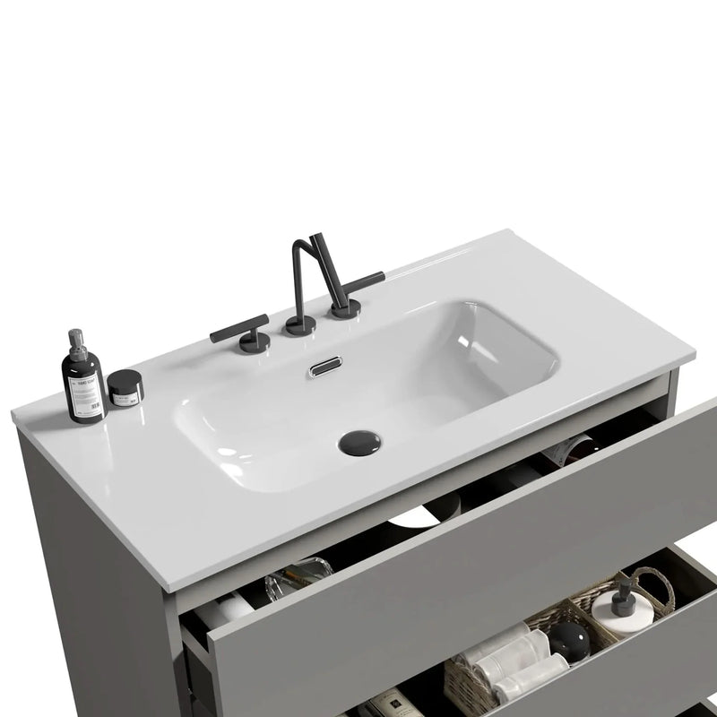 Ceramic Basin Integrated White Bathroom Sink 35.8 In Long Drain Not Included