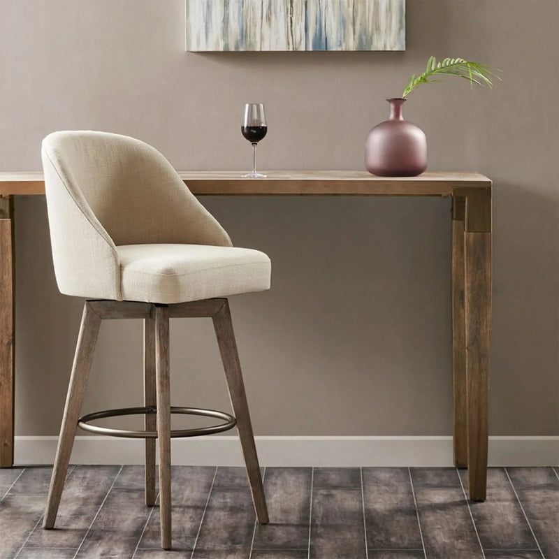 Bar Stool Sand Polyester Upholstery Swivel Seat And Reclaimed Grey Wood