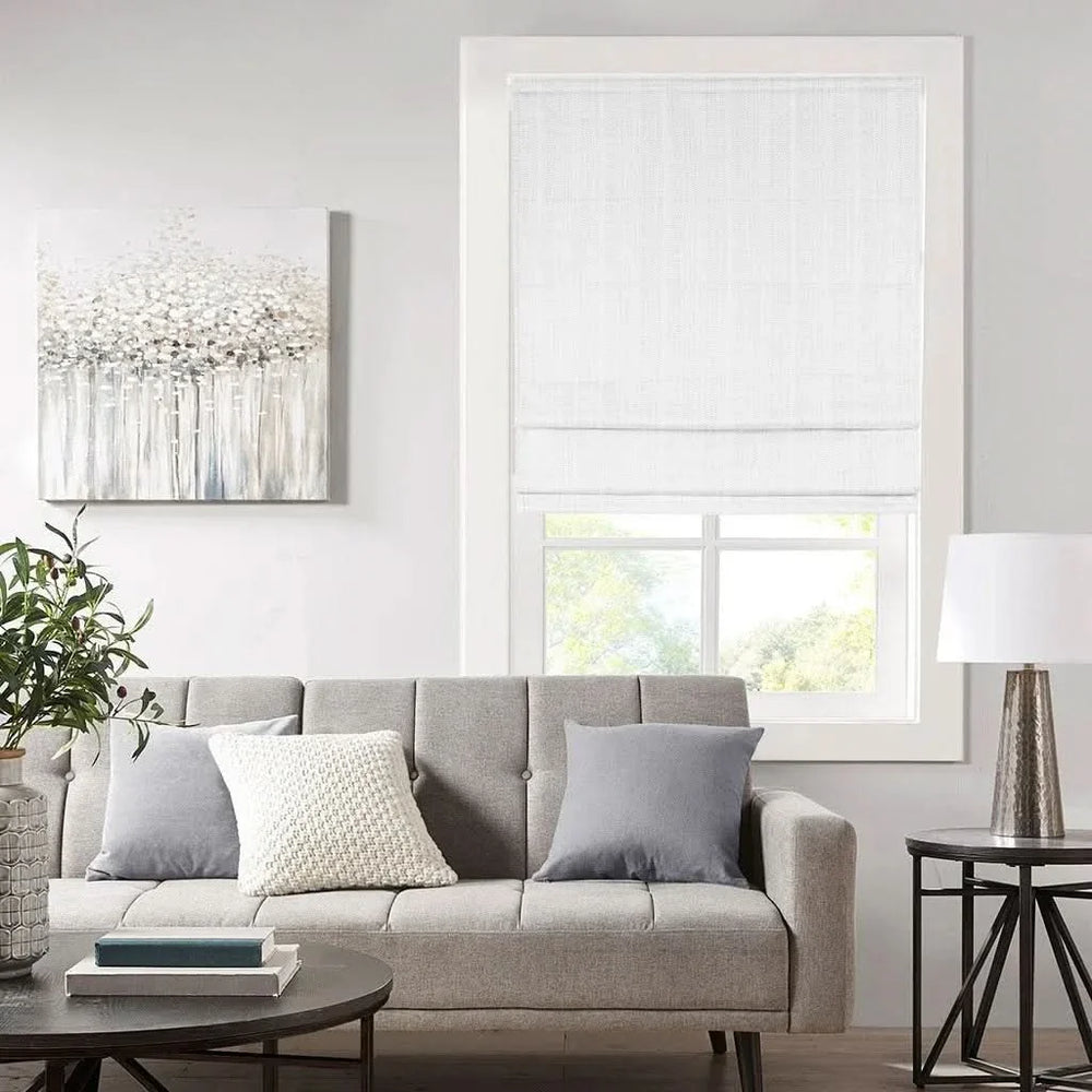 Roman Shade Polyester Basketweave Cordless Room Darkening Window Treatment Media 1