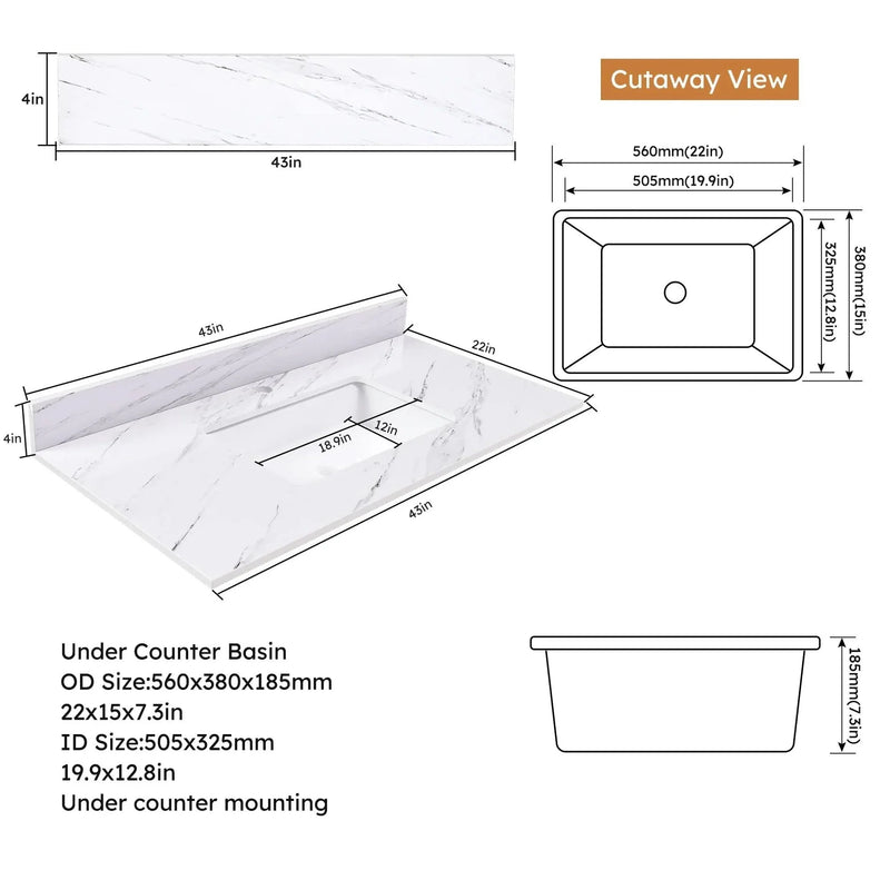 Marble Vanity Top Sintered Stone With Pre-Drilled Faucet Hole & Backsplash