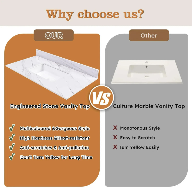 Marble Vanity Top Sintered Stone With Pre-Drilled Faucet Hole & Backsplash
