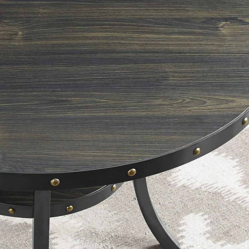 Round Bar Table 36 Inch Diameter Espresso Finish Brass Nail Head Trim