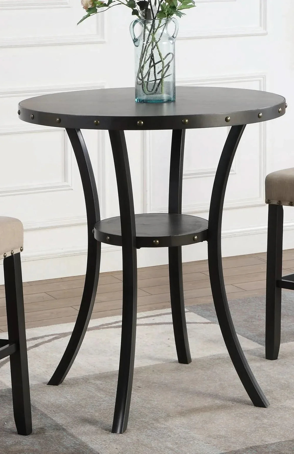 Round Bar Table 36 Inch Diameter Espresso Finish Brass Nail Head Trim Media 1