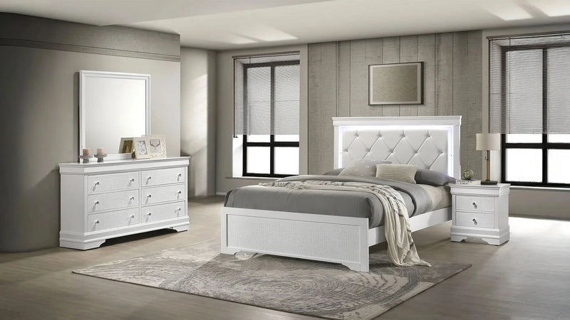 Queen Bedroom Set Upholstered Headboard Wood LED Lighting Modern Design