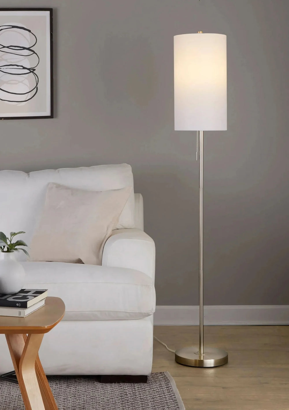 Contemporary Floor Lamp Brushed Nickel Linen Shade Minimalist Living Room Media 5