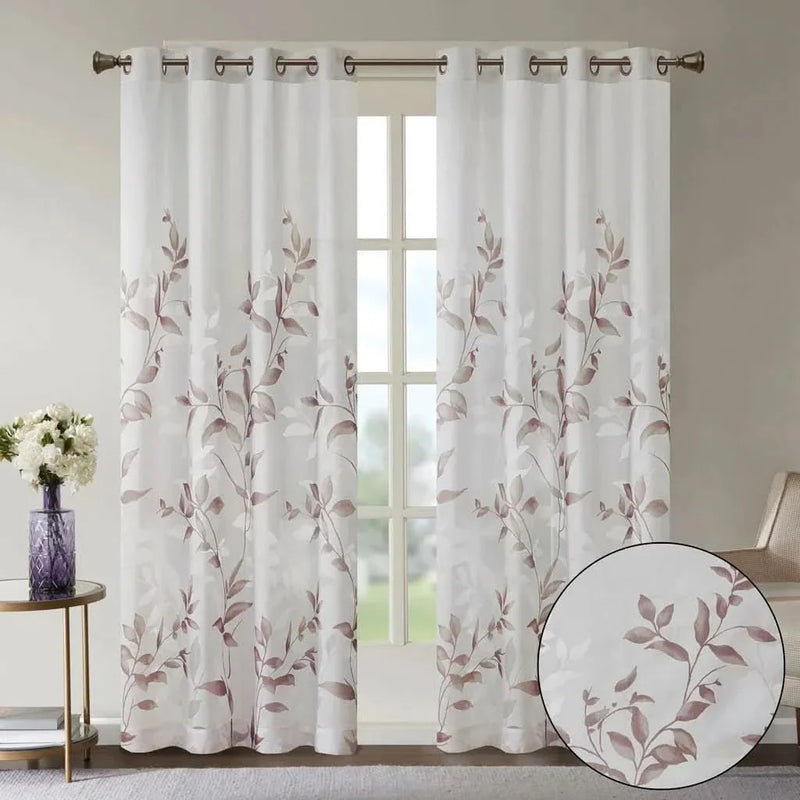 Curtain Panel Polyester Burnout Botanical Print White & Multi Modern