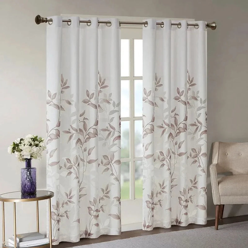 Curtain Panel Polyester Burnout Botanical Print White & Multi Modern