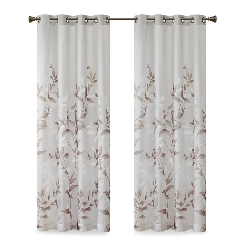 Curtain Panel Polyester Burnout Botanical Print White & Multi Modern