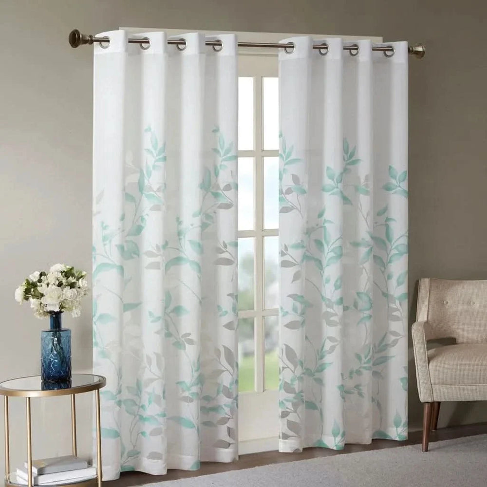 Botanical Burnout Curtain Panel Polyester White & Blue Leaves Print Media 2
