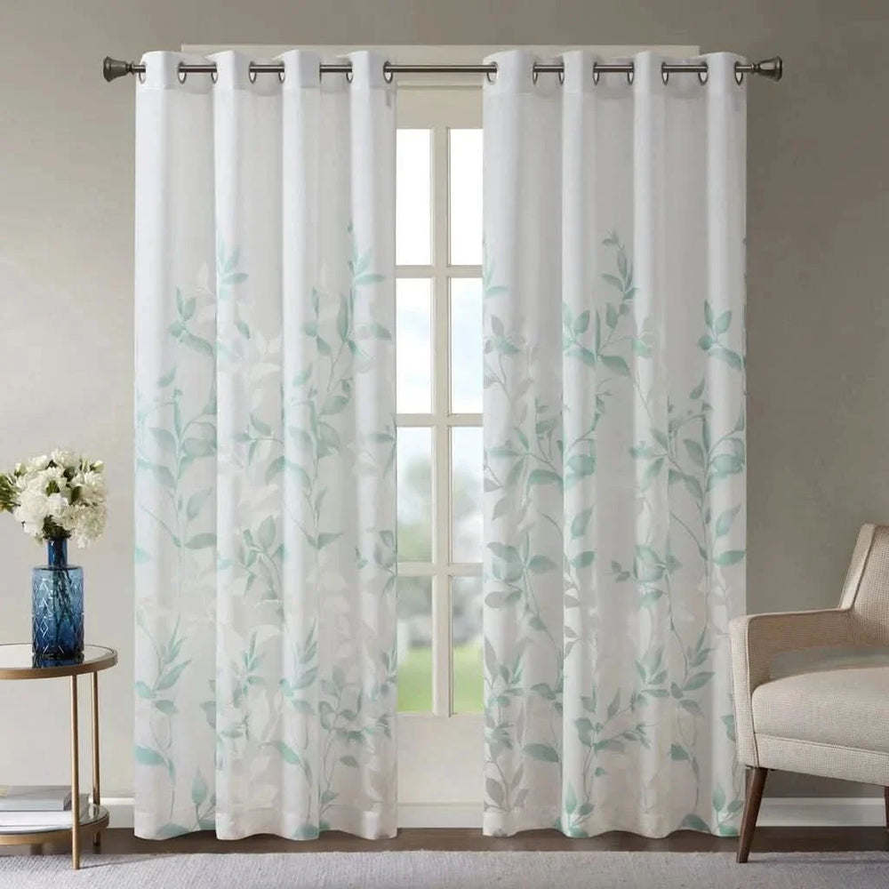 Botanical Burnout Curtain Panel Polyester White & Blue Leaves Print Media 1