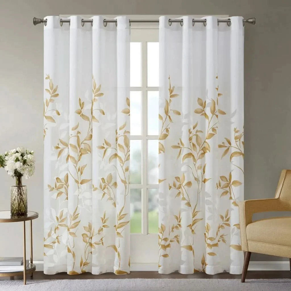 Curtain Panel Polyester Burnout Print Botanical Ivory & Gold Modern Media 1