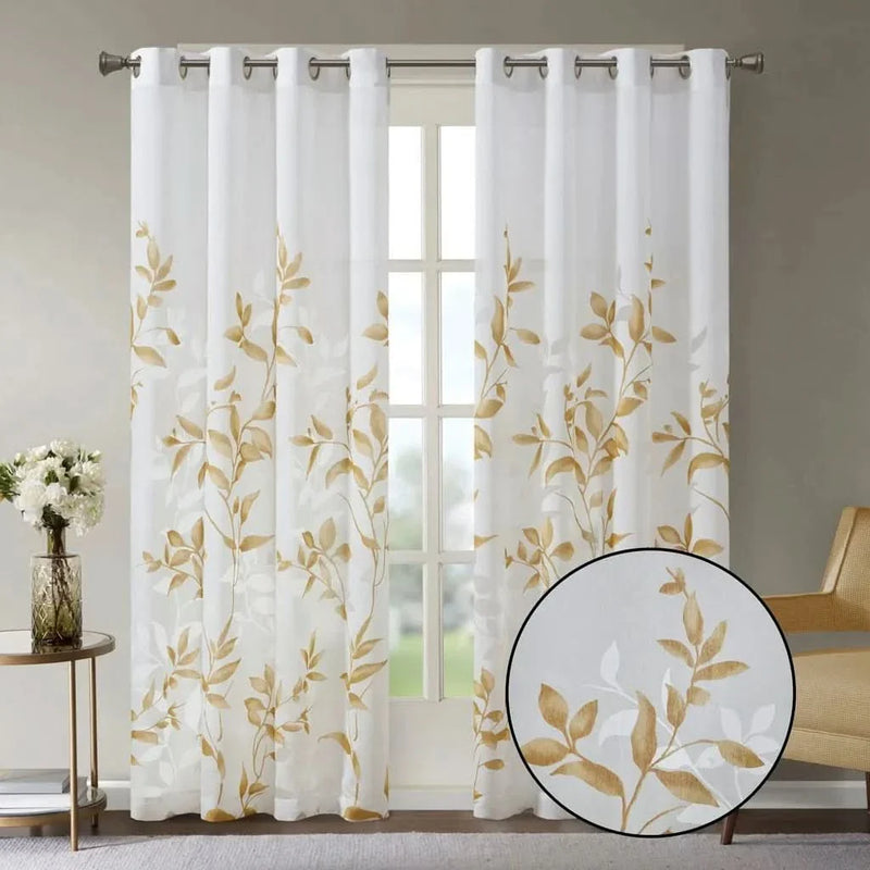 Curtain Panel Polyester Burnout Print Botanical Ivory & Gold Modern