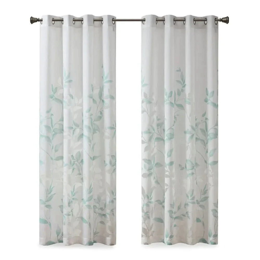 Botanical Burnout Curtain Panel Polyester White & Blue Leaves Print Media 4