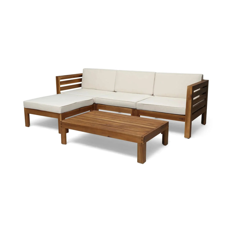 Acacia Wood Outdoor Sofa Set Beige Cushions & Ottoman & Table Included