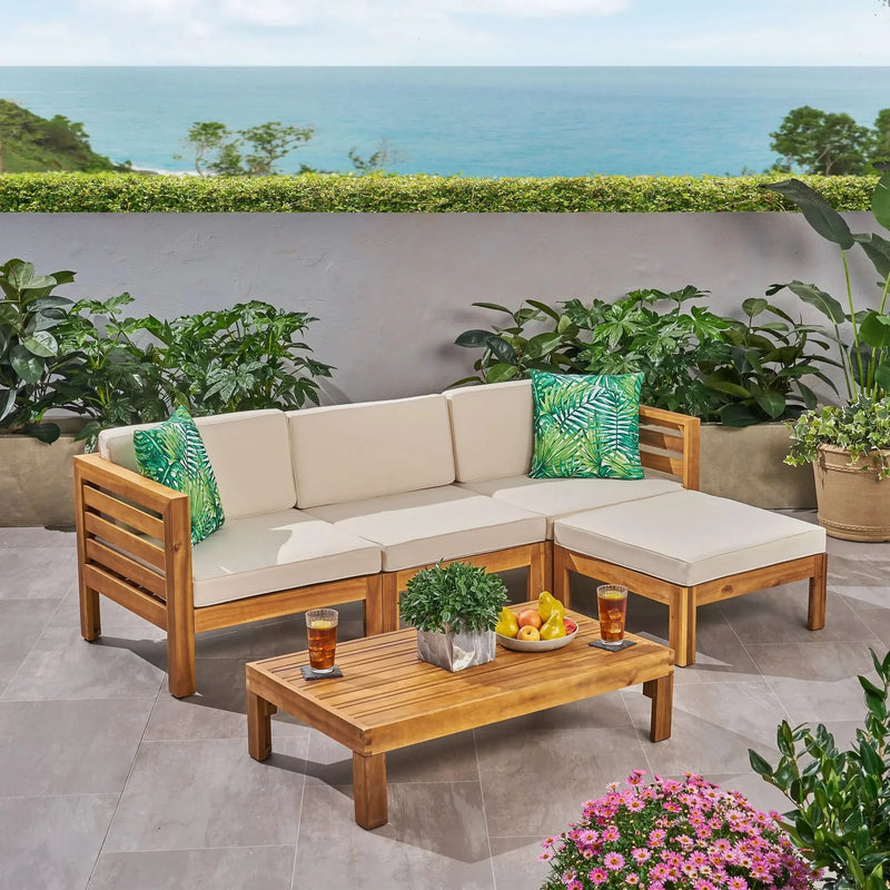 Acacia Wood Outdoor Sofa Set Beige Cushions & Ottoman & Table Included