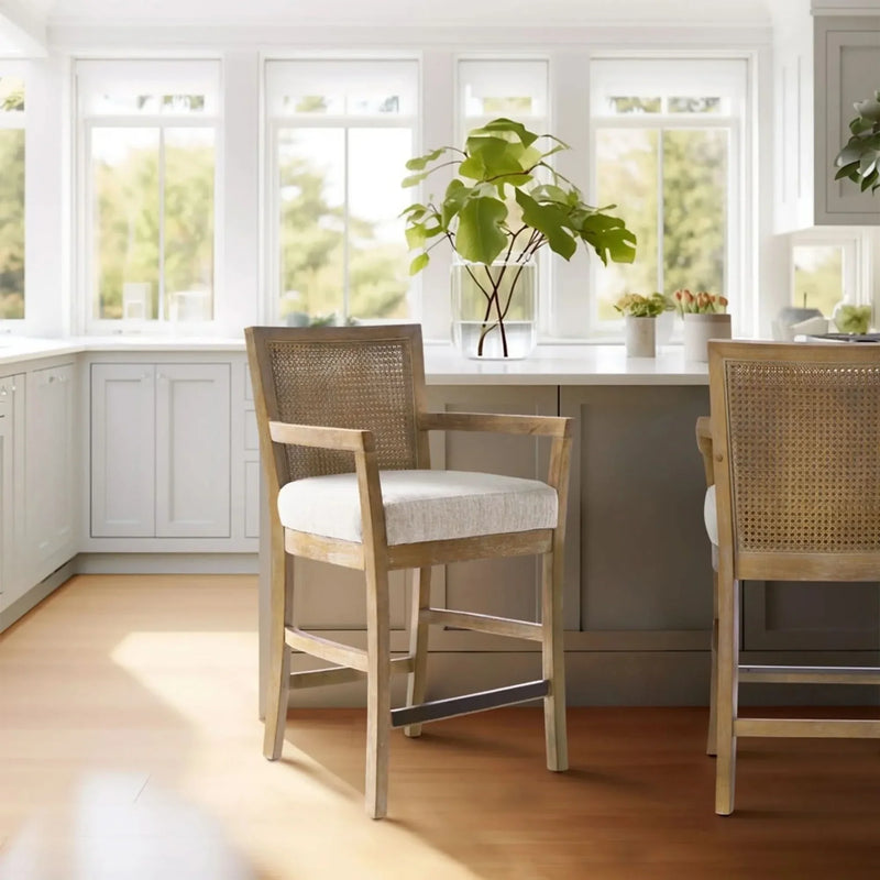 Counter Stool Cane Back Upholstered Seat In Reclaimed Natural Finish