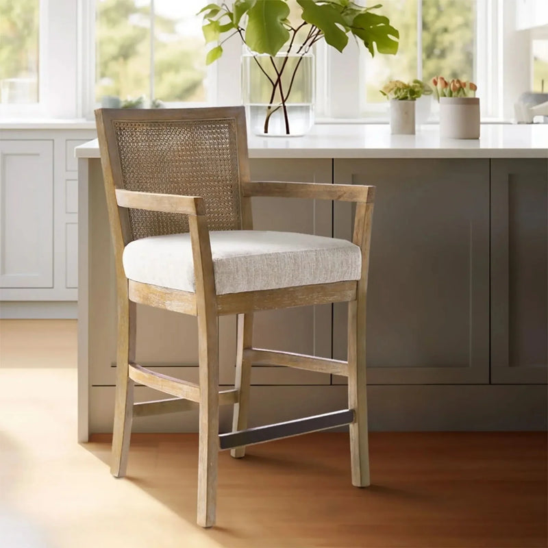 Counter Stool Cane Back Upholstered Seat In Reclaimed Natural Finish