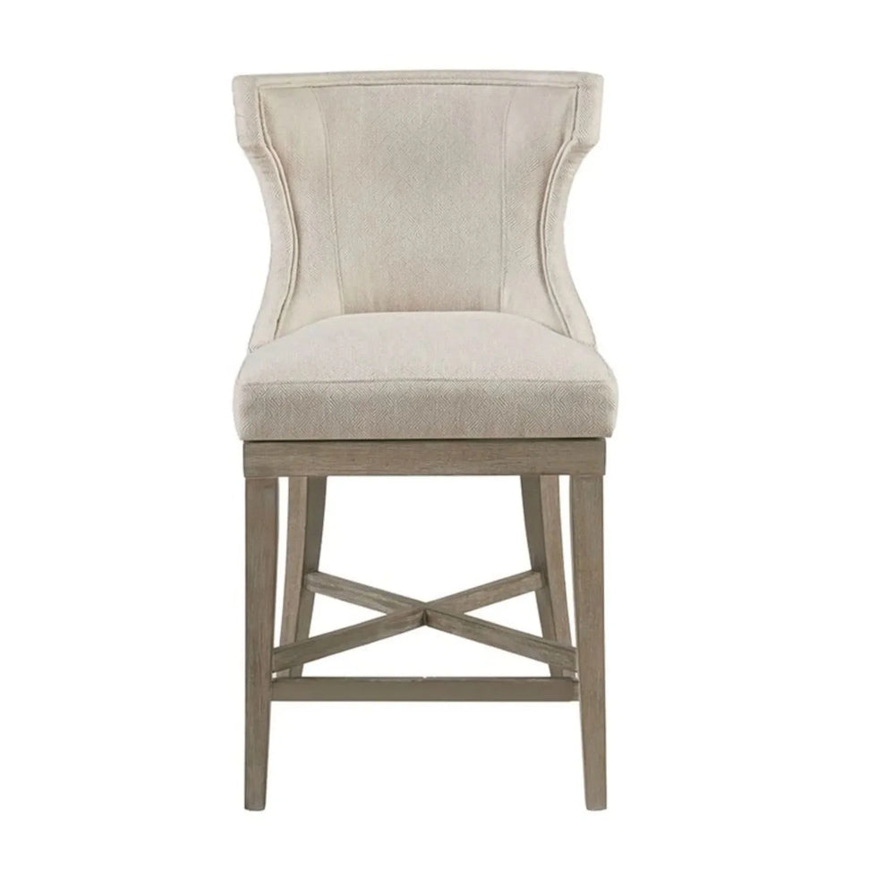 Counter Stool Polyester Upholstery Cream Swivel Seat Wooden Base Frame Media 1