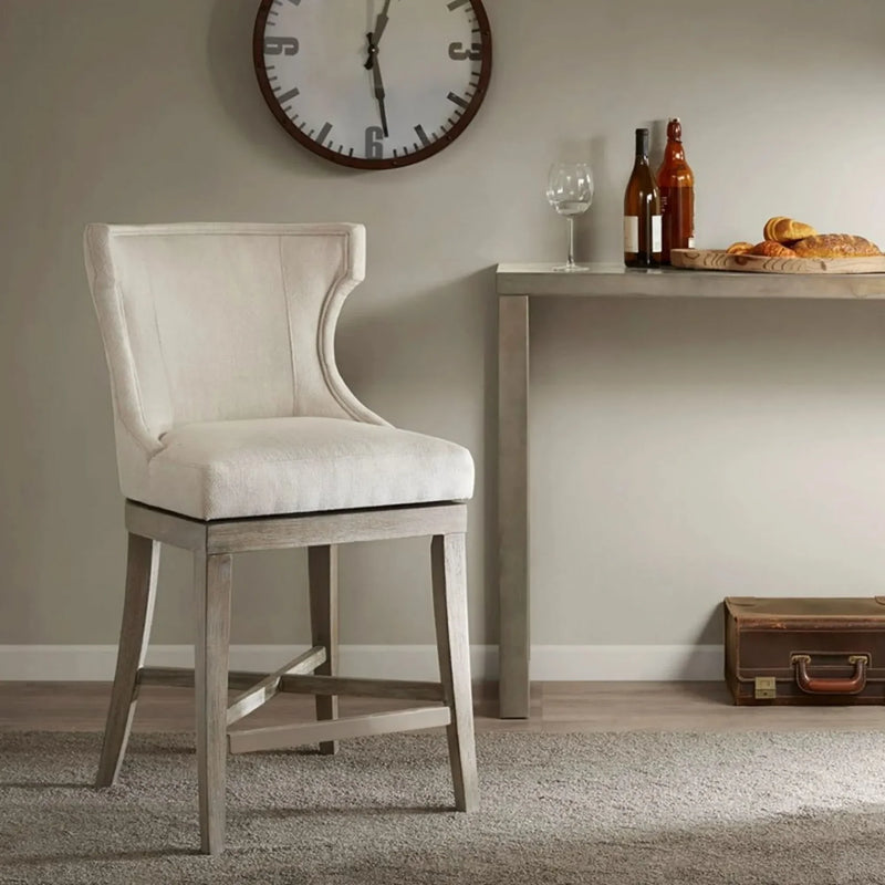 Counter Stool Polyester Upholstery Cream Swivel Seat Wooden Base Frame