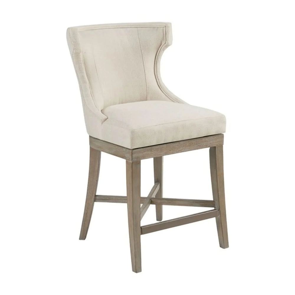 Counter Stool Polyester Upholstery Cream Swivel Seat Wooden Base Frame Media 5