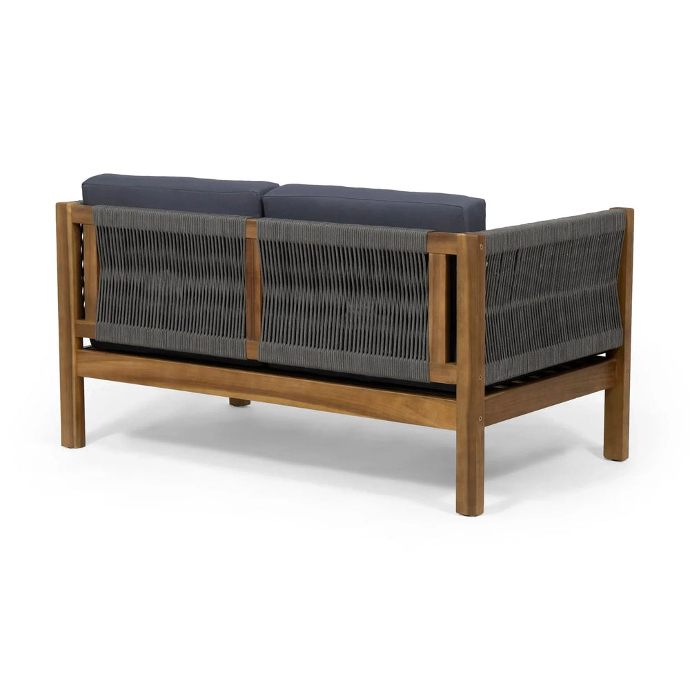 Acacia Wood Outdoor Chat Set Rope Wrapped Teak Color Patio Cushions Media 12