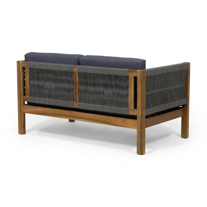 Acacia Wood Outdoor Chat Set Rope Wrapped Teak Color Patio Cushions