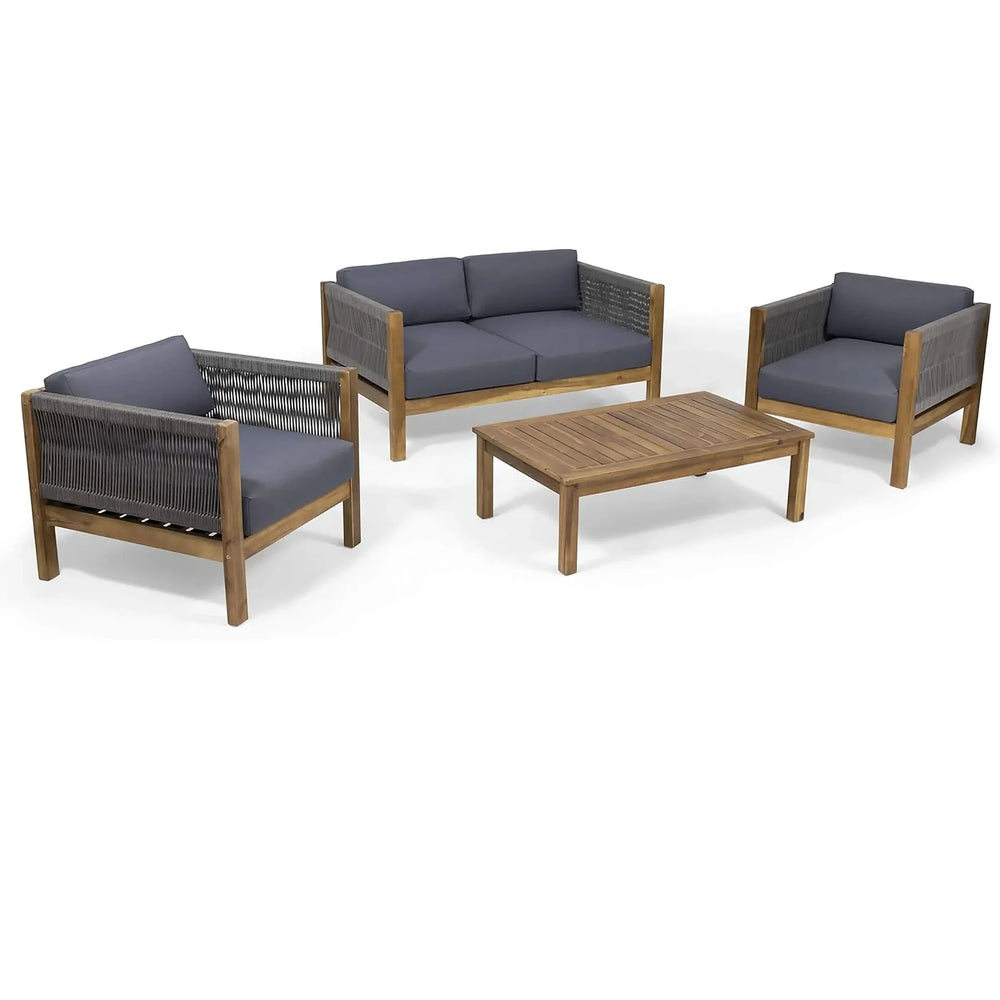 Acacia Wood Outdoor Chat Set Rope Wrapped Teak Color Patio Cushions Media 1