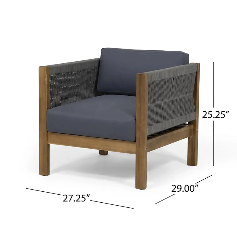 Acacia Wood Outdoor Chat Set Rope Wrapped Teak Color Patio Cushions