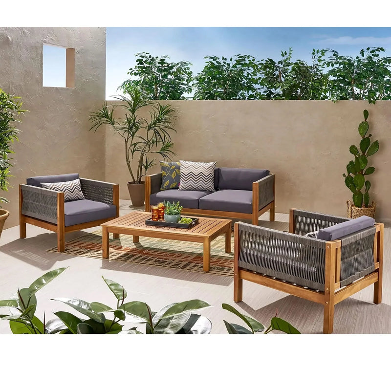 Acacia Wood Outdoor Chat Set Rope Wrapped Teak Color Patio Cushions