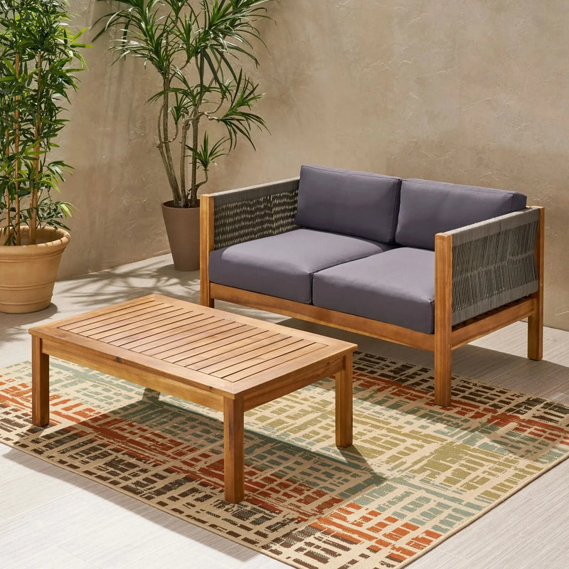 Acacia Wood Outdoor Chat Set Rope Wrapped Teak Color Patio Cushions