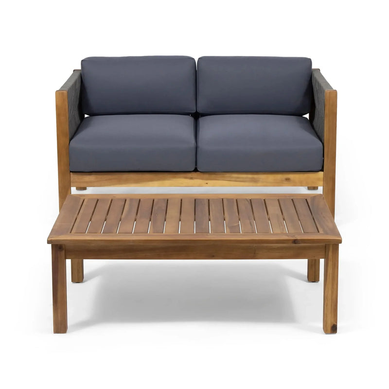 Acacia Wood Outdoor Chat Set Rope Wrapped Teak Color Patio Cushions