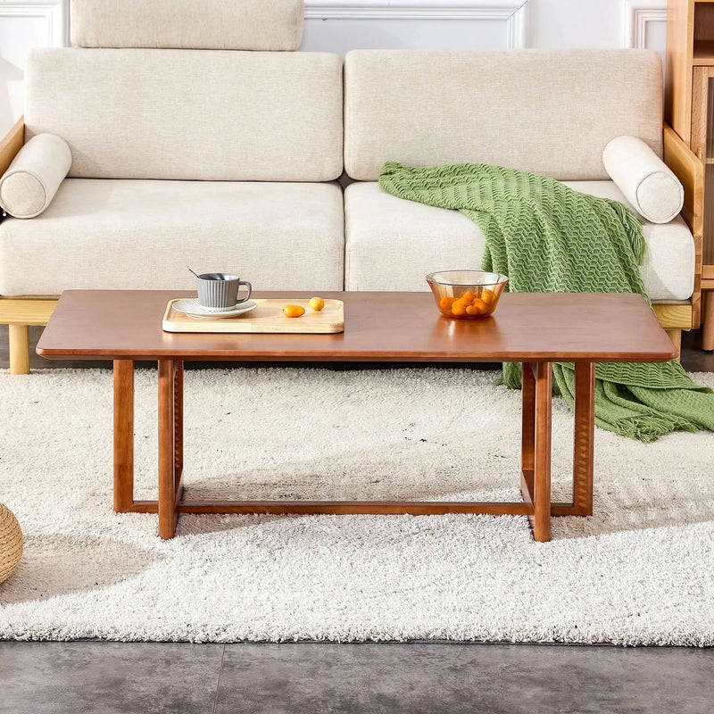 Coffee Table Rubber Wood Walnut Imitation Rattan Panels Rectangular