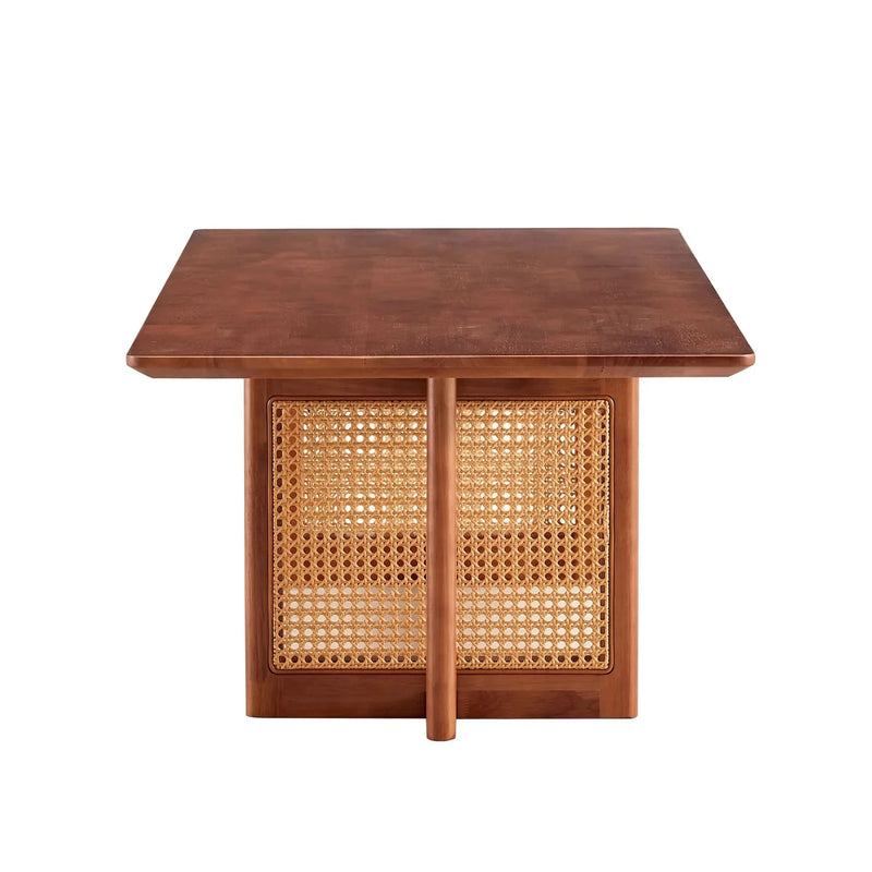 Coffee Table Rubber Wood Walnut Imitation Rattan Panels Rectangular