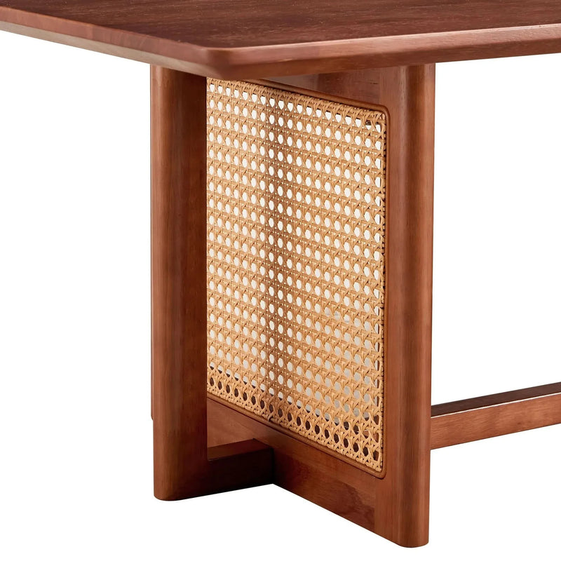 Coffee Table Rubber Wood Walnut Imitation Rattan Panels Rectangular