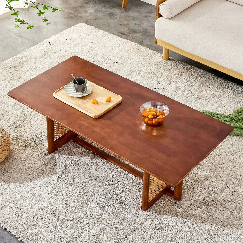 Coffee Table Rubber Wood Walnut Imitation Rattan Panels Rectangular Media 4