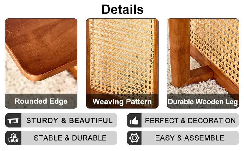 Coffee Table Rubber Wood Walnut Imitation Rattan Panels Rectangular