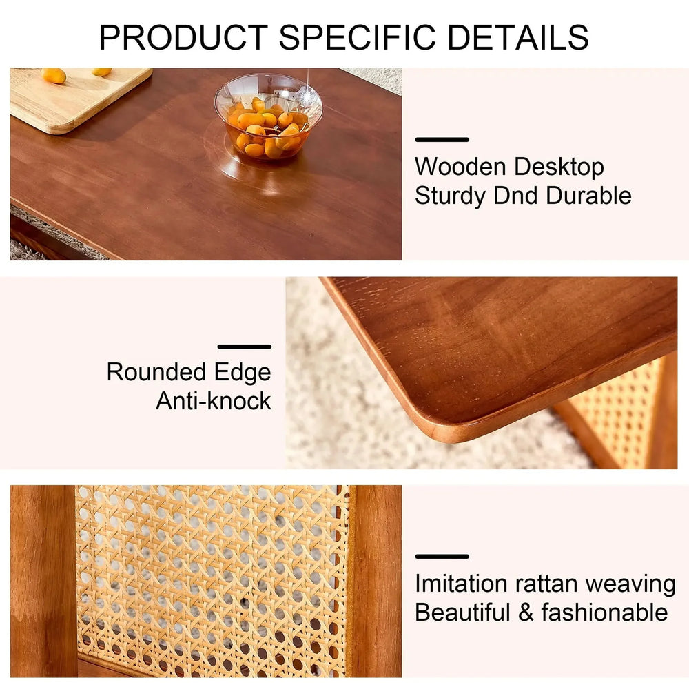 Coffee Table Rubber Wood Walnut Imitation Rattan Panels Rectangular Media 7