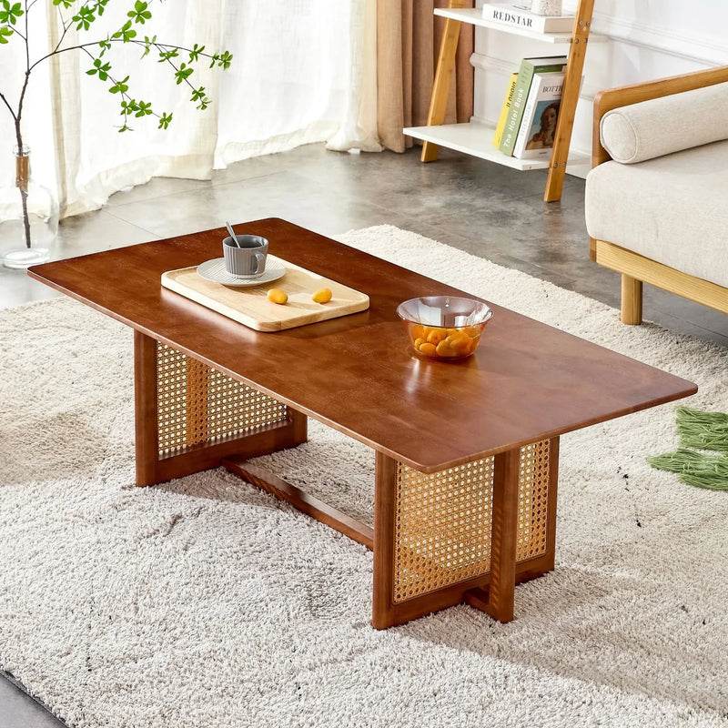 Coffee Table Rubber Wood Walnut Imitation Rattan Panels Rectangular