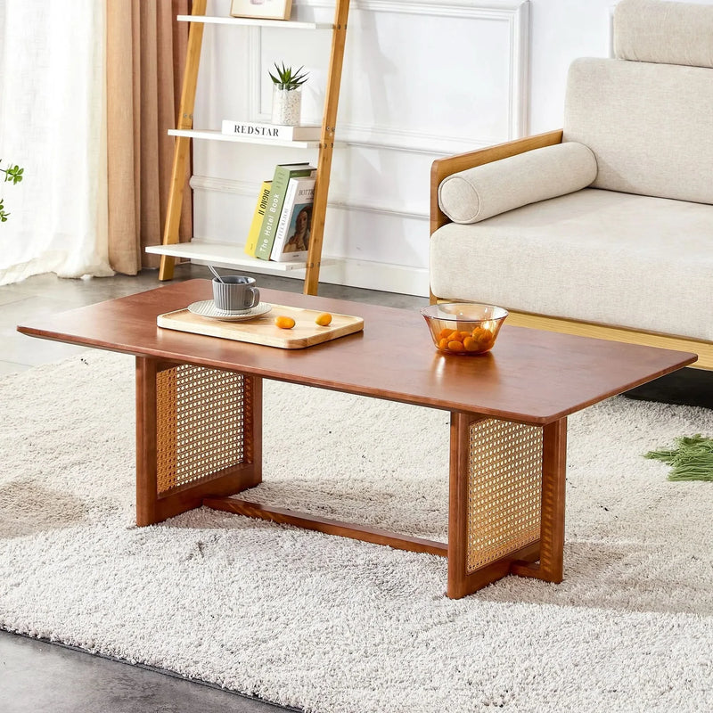 Coffee Table Rubber Wood Walnut Imitation Rattan Panels Rectangular