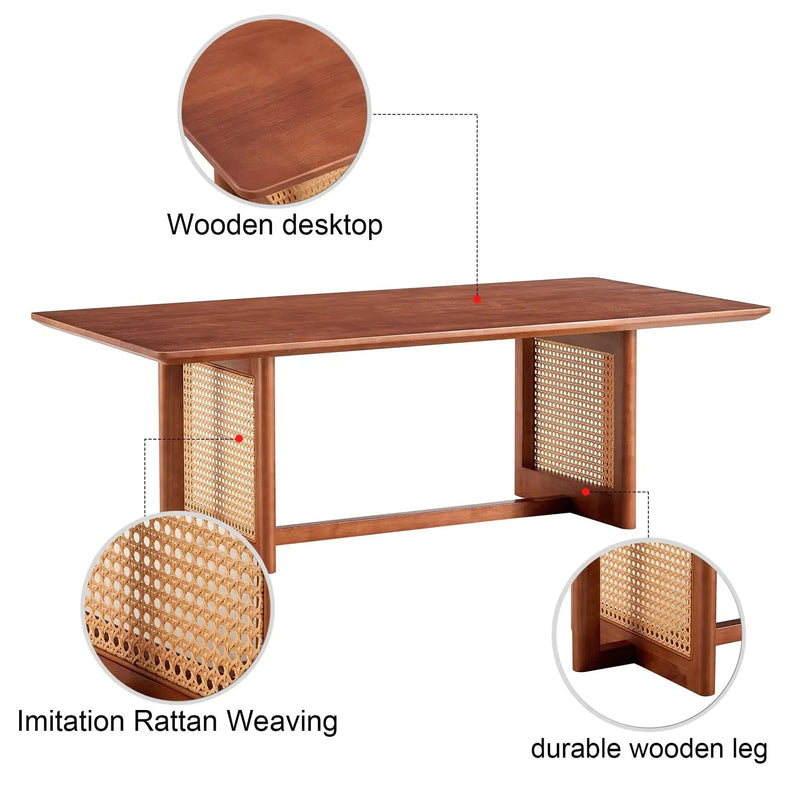 Coffee Table Rubber Wood Walnut Imitation Rattan Panels Rectangular